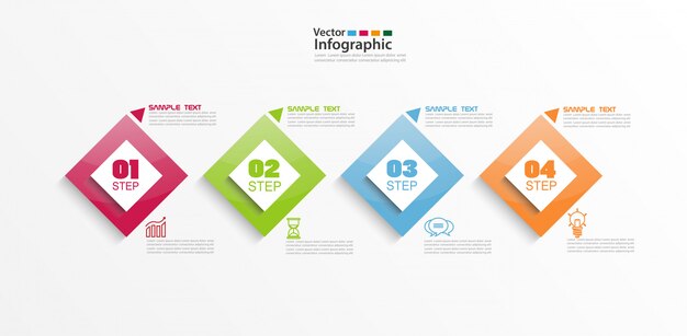 Elementi infographic colorati moderni con quattro passaggi e quadrati colorati