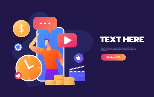 modern colorful isometric characters watching live stream on smartphone screen