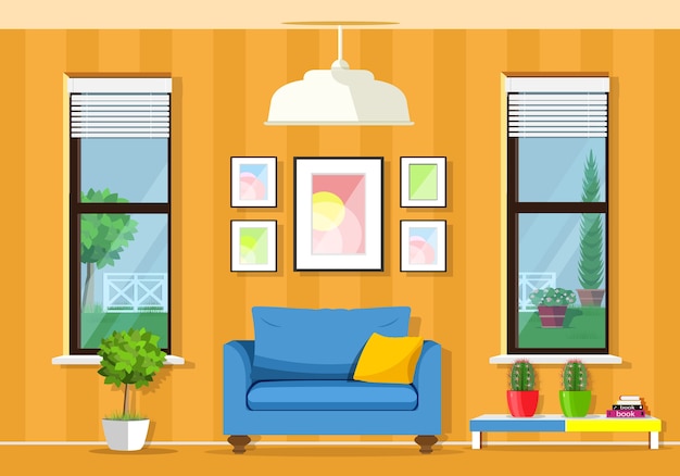 Vector modern colorful room interior with armchair, table, windows, flowerpots.