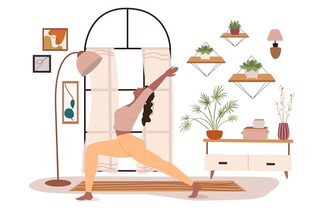 Modern comfortable interior for yoga web concept. Woman practicing yoga asana in room with large window, home decor and plants