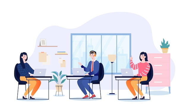 Vector modern and comfortable workplace concept men and women sitting in cozy office and doing tasks