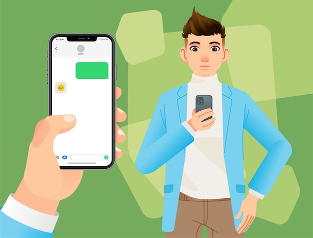 携帯電話でチャット アプリやソーシャル ネットワークを使用した現代的なコミュニケーション スタイリッシュな青年実業家のチャット メッセージ