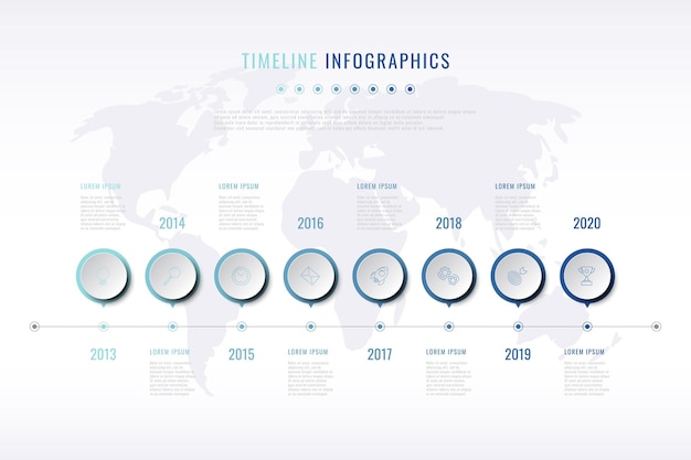 細い線のマーケティングアイコン年表示と世界地図による現代の会社の歴史の視覚化