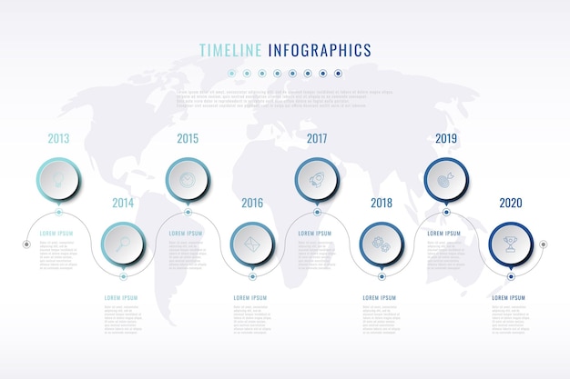 Visualizzazione moderna della storia dell'azienda con icone di marketing in linea sottile, indicazione dell'anno e mappa del mondo