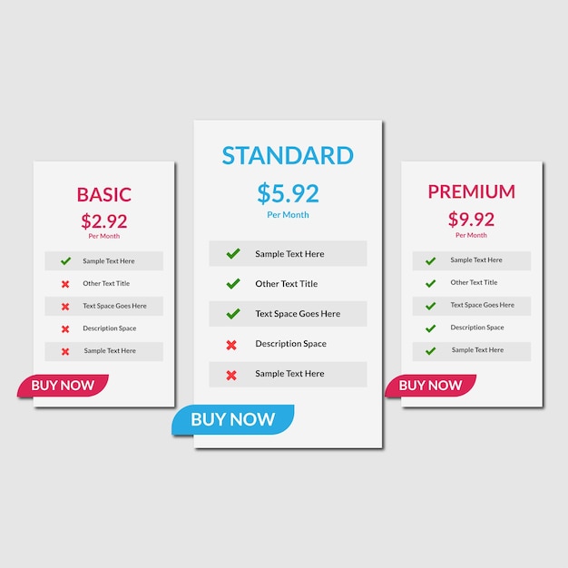 Modern comparison and Pricing table template design of website