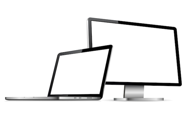 Modern computer display and laptop with empty screen on white background