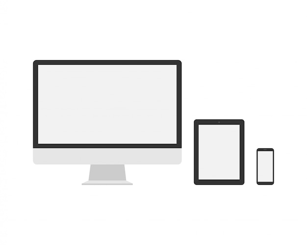 Modern computer, laptop, smartphone on white