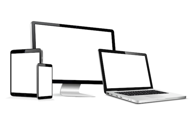 Vettore monitor del computer moderno, laptop, tablet digitale e telefono cellulare con schermo vuoto