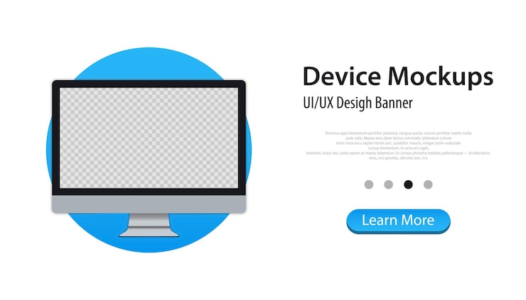 Vector 현대 컴퓨터 모니터 모형 - 전면 보기. 데스크탑 컴퓨터 배너입니다. 비즈니스 개념입니다. 모형 장치. 프레젠테이션 ui 디자인 인터페이스를 위한 컴퓨터 모니터 빈 화면 템플릿입니다. 벡터 일러스트 레이 션