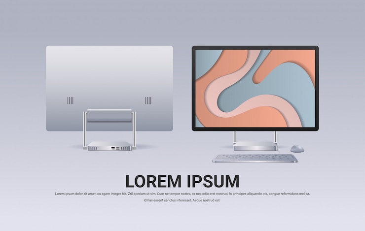 Vector modern computer monitor with keyboard mouse and colored screen realistic gadgets and devices concept