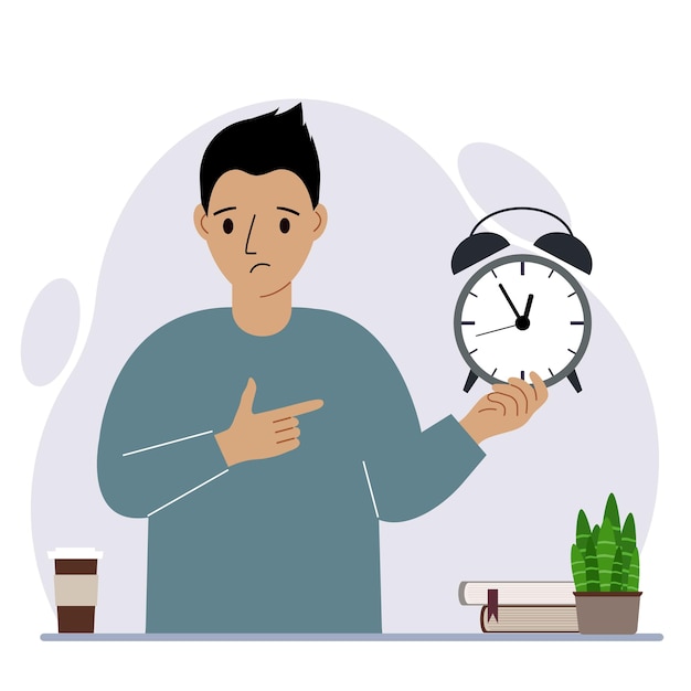 Modern concept of time management illustration. A sad man holds an alarm clock in his hand and the second points to it.