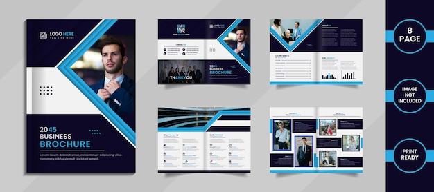 Modern corporate brochure design with deep and sky blue color creative shapes, shadow, and information.