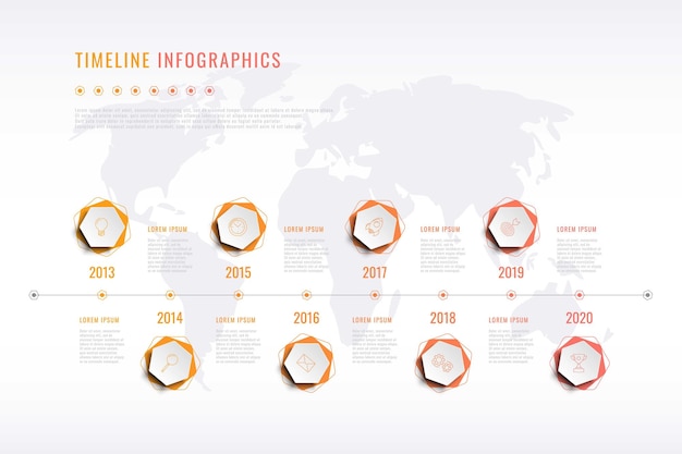 Визуализация современной корпоративной истории с шестиугольными элементами, указанием года и картой мира