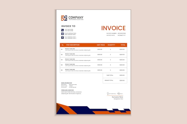 Modern corporate invoice template design orange and nave blue colors