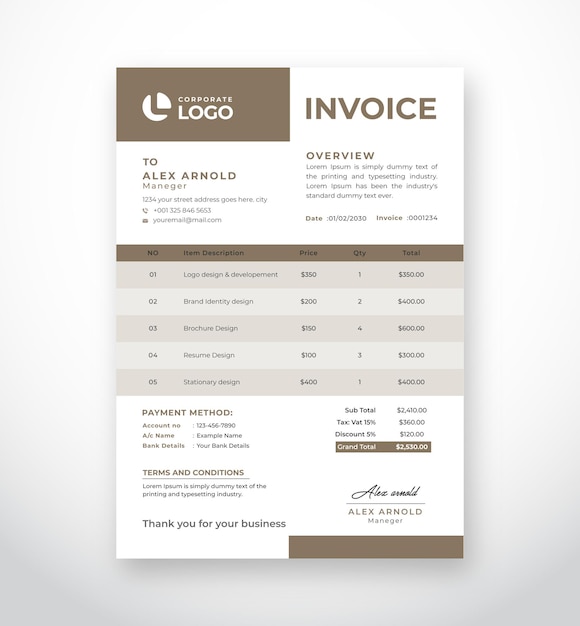 Modern corporate minimal invoice template design