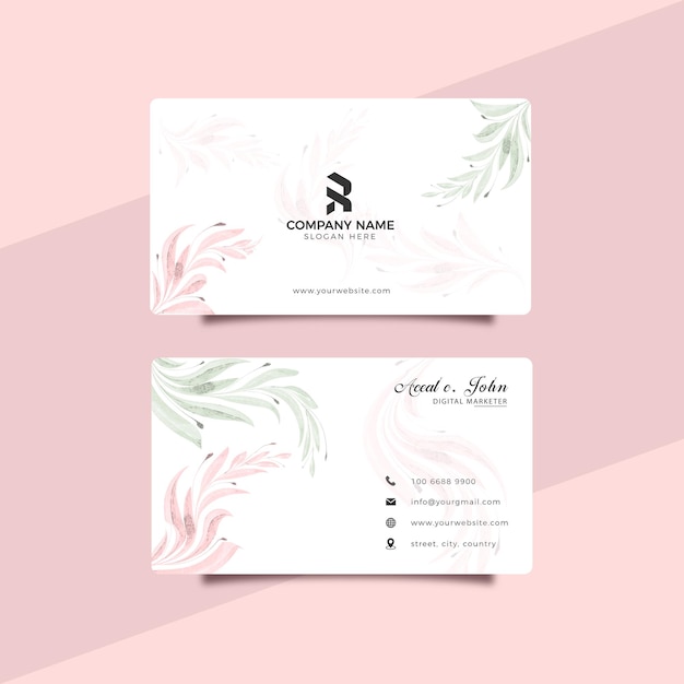 Modern corporate watercolor flowers business card template with beautiful leaves