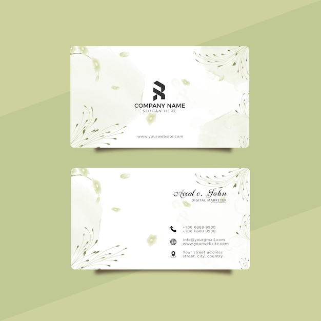 Vector modern corporate watercolor flowers business card template with beautiful leaves