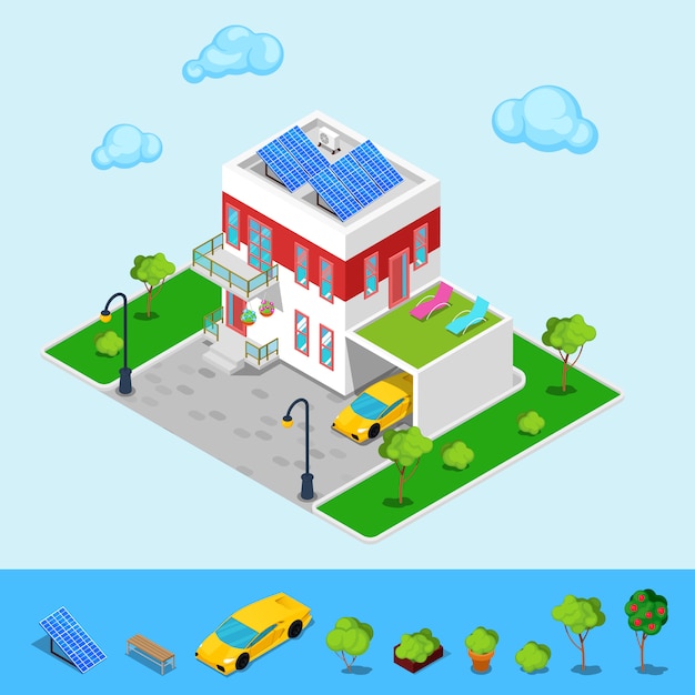 Vector modern cottage house with sun batteries, garage and green roof. isometric building.