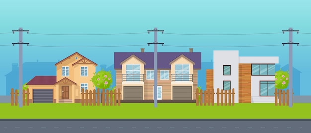 Modern cottage village country houses with electric poles and cable on the street Facade of real estate buildings with land and plantings architectural structures power lines vector illustration