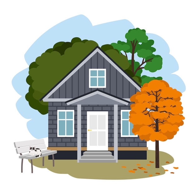 Vector modern country house. cartoon nice brick house for vacation in autumn among trees, vector illustration with cat on bench and orange foliage isolated on white background