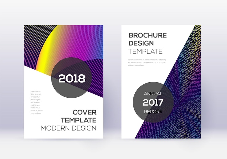 Vector modern cover design template set. rainbow abstract lines on dark blue background. fabulous cover design. alluring catalog, poster, book template etc.