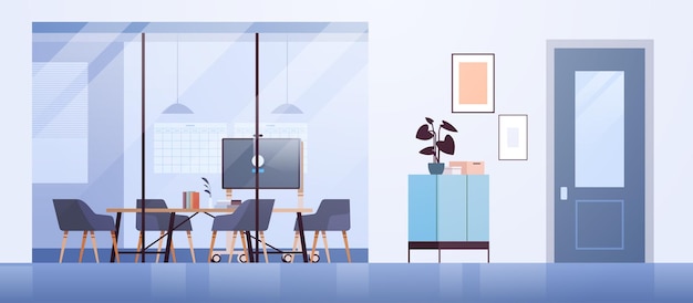 Вектор Современный коворкинг офисный интерьер пустой нет людей открытое пространство кабинет с мебелью горизонтальная векторная иллюстрация