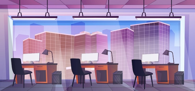 Modern coworking office interior Cute cartoon design Large panoramic window with city skyscraper view Desk and table with computer and armchair Employee and colleague concept Vector illustration