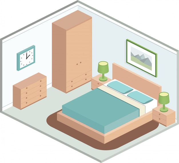 Modern  of cozy bedroom with furniture. Interior in isometric style in pastel tones.  D illustration.