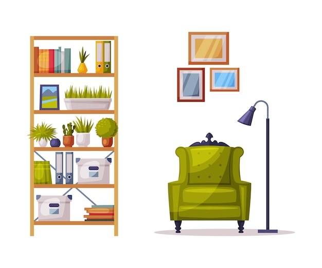 Vector modern cozy room interior design bookcase comfortable green armchair comfy furniture and home decoration accessories vector illustration