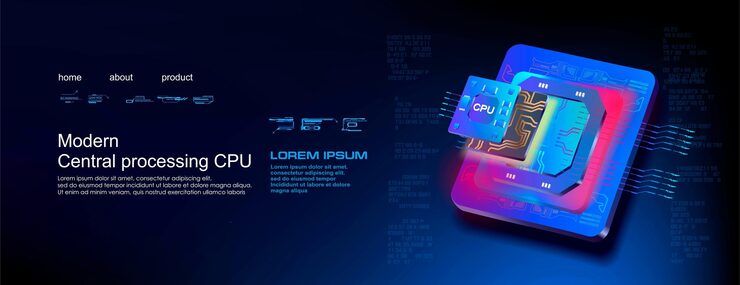 Vector modern cpu processor quantum microchip computer processor futuristic microprocessor with hud alements new generation digital chip with hud user interface advanced internet technologies