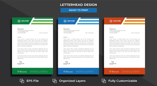 Modern creative business letterhead design template with blue, green, and orange colors