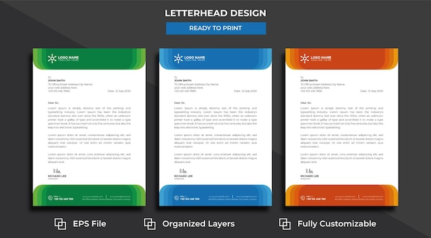Modern creative business letterhead design template with blue, green, and orange colors