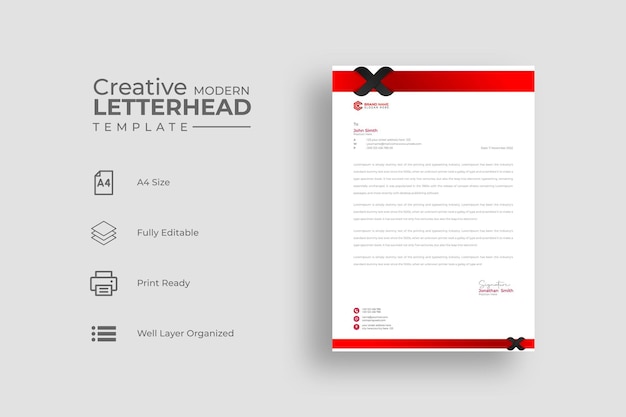 Modern Creative clean letterhead design templateor red color Minimalist letterhead design template