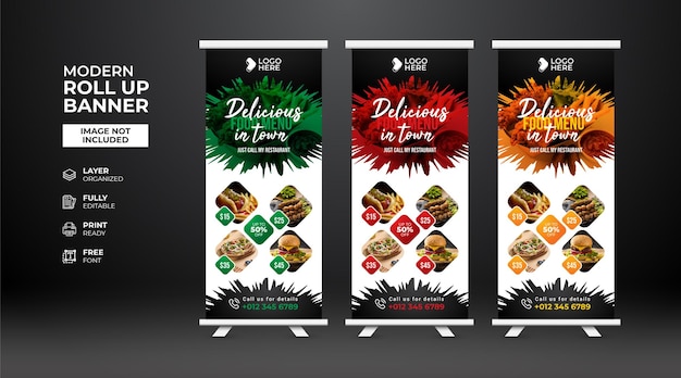 Modello di banner roll up per cibo e ristorante moderno e creativo