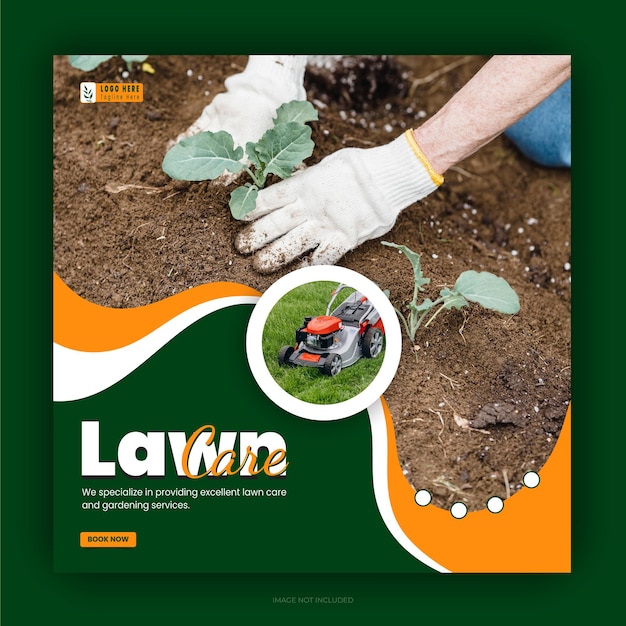 Modern creative lawn mower garden or landscaping service social media post design template