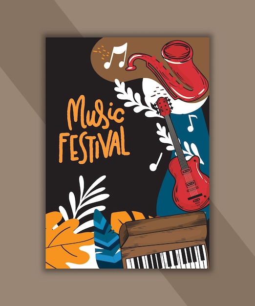 Poster moderno e creativo per festival musicali con una chitarra e una chitarra
