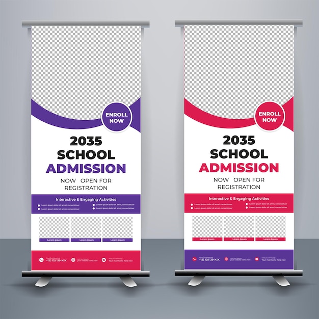 Modello roll up banner per l'ammissione alla scuola moderna e creativa vettore premium