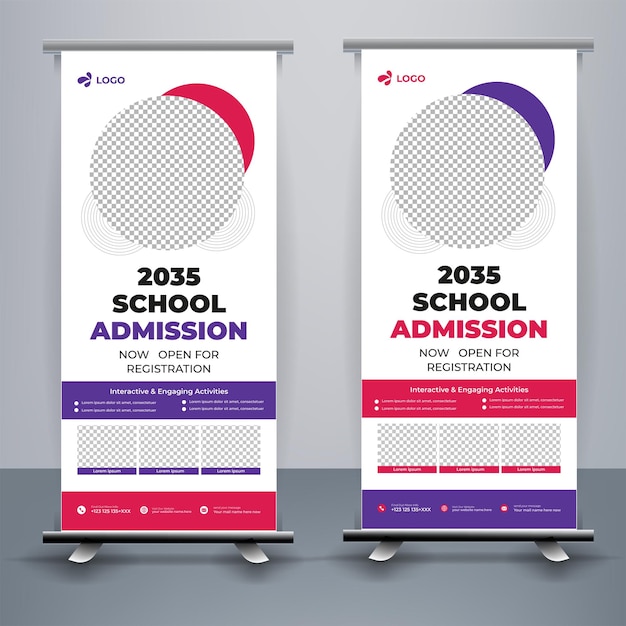 Vettore modello roll up banner per l'ammissione alla scuola moderna e creativa vettore premium