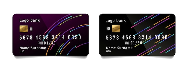 Vector modern credit card template design with bright neon lines in abstract movement on dark