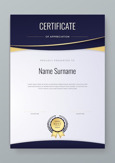 Modern dark blue white and gold elegant luxury diploma certificate template