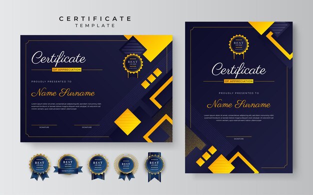 Modern dark blue and yellow certificate of achievement award template with badge and border for business and corporate