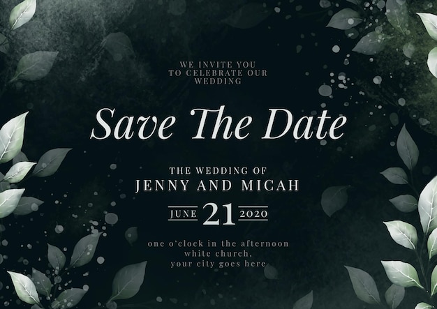 Modern and Dark Save Date Design with moody eucalyptus floral