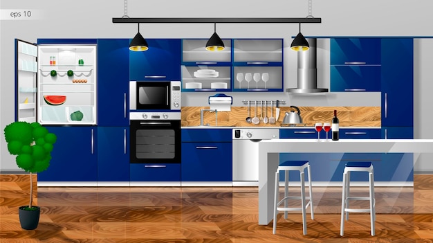 Modern deep blue kitchen interior vector illustration household kitchen appliances