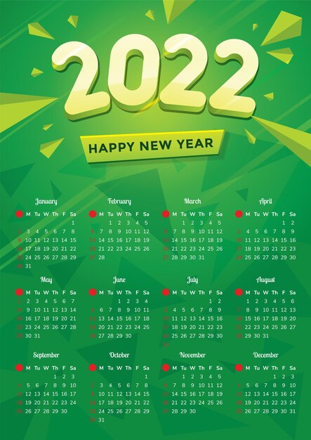 Modello di calendario 2022 dal design moderno con forme colorate e sfondo verde