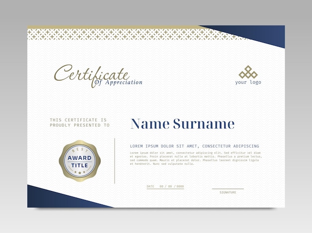 Vettore modello di certificato di design moderno con semplice elegante e lussuoso in formato a4 orizzontale