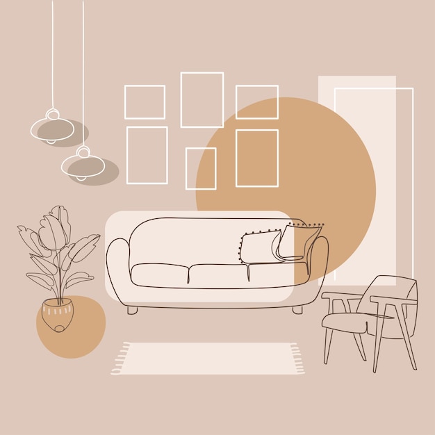 Vettore design moderno soggiorno interno linea arte disegno in stile astratto in colori pastello, vettore