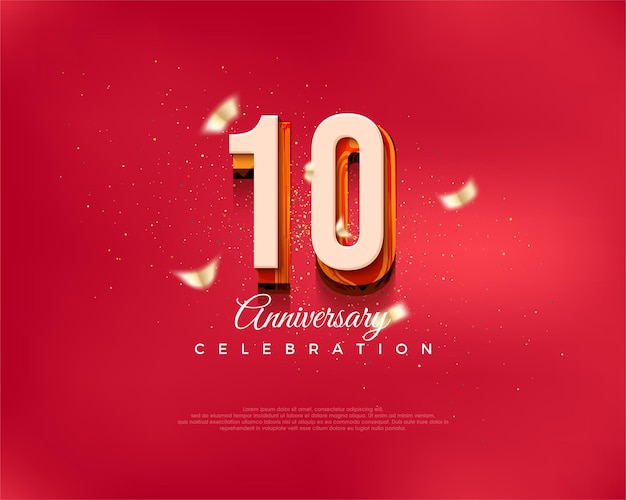 고급스러운 빨간색의 10주년 축하를 위한 현대적인 디자인 번호 인사말 및 축하를 위한 프리미엄 벡터 배경