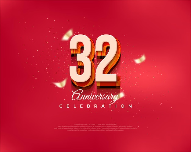 Numero dal design moderno per la celebrazione del 32° anniversario in un lussuoso sfondo vettoriale premium rosso per auguri e celebrazioni