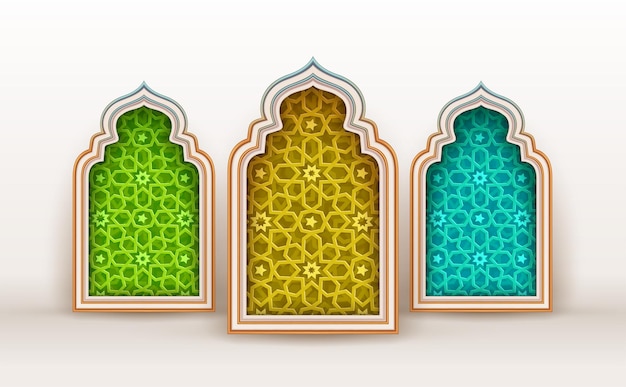 Вектор Современный дизайн окон и арки рамадана мубарака с арабескным рисунком.