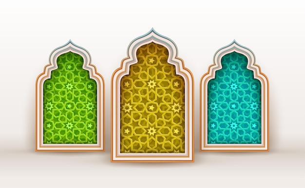 라마단 무바라크 창문과 아라베스크 패턴의 아치의 현대적인 디자인.